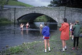 Brett, Stephen, Matthew B and Graham, bathing in the river Ure, at Appersett in Widdale