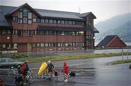 Atrocious weather at Hermansverk, between Hella and Sogndal.  This is the Sparebanken bank building [Remastered scan, 23/9/2019]