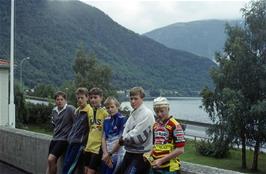Mark Moxham, Peter Rushworth, Mark Burnard, Shane Powell, Mark Sloman and Ian Luke, on the wall by Sogndal youth hostel, looking across the Sognefjord towards Helgheimsvehen [Remastered scan, 22/9/2019]