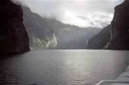 View down the central section of the beautiful Geirangerfjord from the ferry, with the Seven Sisters on the right [Remastered scan, September 2019]