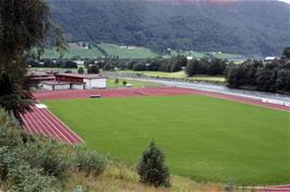 Hornindal school near Grodås, equipped with a professional athletic circuit.  We saw many schools in Norway with top-grade sports facilities like these [Remastered scan, September 2019]