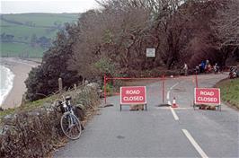 Storm Damage on the A379 near Stoke Flemming had left the road closed to most vehicles, but it was still quite safe for cyclling [New scan, July 2019.  Kodachrome 64 film]