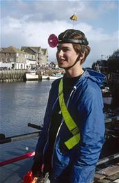 Luke Hatherly at West Looe, wearing his Knickerbocker Glory decorations from the Tasty Corner cafe [Remastered scan, July 2019.  Kodachrome 200 film]