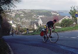 Neil Allan leads the way up the extremely steep West Looe Hill on the way to Polperro [Remastered scan, July 2019.  Kodachrome 200 film]