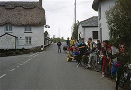 The group stops at Veryan Green to see the unusual round houses that have made it famous [Remastered scan, July 2019.  Kodachrome 200 film]