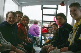 (L to R) Martin R, Martyn W, David W, Martin H and Warren, enjoying the ride on the St Mawes ferry [Remastered scan, July 2019.  Kodachrome 200 film]