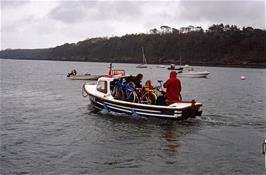 The first loading of the tiny Helford Passage ferry sets off across the Helford river [New scan, July 2019. Kodachrome 200 film]