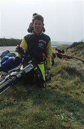 David Waldron at our photo point by the road on North Cliffs, ready to continue our journey to Perranporth [Remastered scan, July 2019]