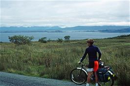 Reaching the coast again at Bearreraig Bay offers incredible views across the Sound of Raasay to Northern Raasay on the right, Rona on the left and the Applecross peninsula behind.  Mark Hedges is in the shot [New scan, July 2019]