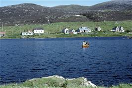 Boating on the loch at Leverburgh, with Obbe Road behind, as viewed from near the village stores on our way to or from the cafe [New scan, July 2019]