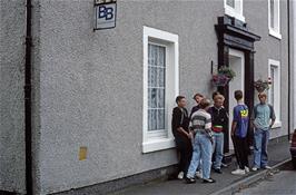 Outside Mrs Skinner's bed and breakfast, 29 Francis Street, Stornoway, the largest of our three, where seven of us spent the night. [Remastered scan, July 2019]