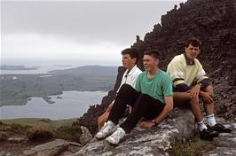 Matthew, Paul and Paul at the top of Stac Polaidh, looking south-east to Badentarbat Bay and the Summer Isles [Remastered scan, July 2019]