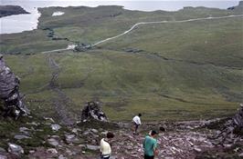 Paul Smith, Matthew and Paul Hamlyn-White megotiate the difficult scramble back down the scree slopes to the car park from the top of Stac Pollaidh [New scan, July 2019]