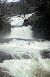 The second waterfall - Sgwd Isaf Clun-gwyn, or Lower Fall of the White Meadow - from the lowest point [Remastered scan, June 2019]
