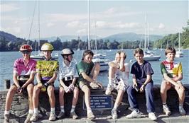 Since the first ferry went without us, we had time for a group photo at the Bowness ferry terminal - looking north towards Belle Isle [Remastered scan, June 2019]