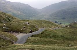 View back to Wrynose Bottom from near the top of Hardknott Pass as the rest of the crew tackle the final hairpin bends [Remastered scan, June 2019]
