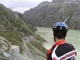 Tao looking back to the final hairpins from the Grimsel Lake, 26.8 miles into the ride and 2049m above sea level