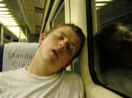 Gavin having a sleep on the late train back from Paddington to Exeter