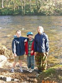 Keir, Donald and Osian by the river Dart in Hembury Woods
