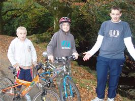 Glen, Zac and Ben surrounded by autumn leaves on the path to the Avon Dam
