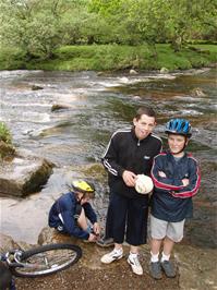 Dennis, Jack and Josh after crossing the flooded stepping stones at Dartmeet