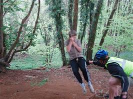 Fun on the rope swing, on the Sharpham cycle path