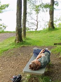 Henry takes a rest after the stiff climb to the Surprise Viewpoint overlooking Derwent Water