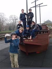 Fred, Sam, Alex, Dennis, Ashley, Zac and Olly on the boat at Longmarsh (clockwise from front)