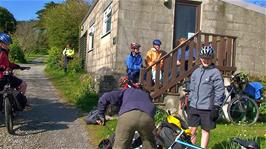 Enjoying the sun and chatting about last night's game of Manhunt outside Coverack Youth Hostel as we prepare to leave