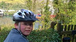 Ash on the climb from Bodinnick points out a China Clay cargo ship on the other side of the River Fowey