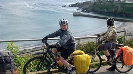 Ash and Zac on East Cliff, Looe, after climbing out of the town, 14.3 miles into the ride