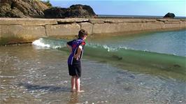 Ash finally gets his feet wet at Millendreath Beach, 15.3 miles into the ride