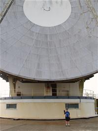 Ashley beside the Arthur satellite dish at Goonhilly Downs