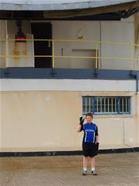 Ashley beside the Arthur satellite dish at Goonhilly Downs - new photo for 2024