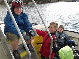 Zac, Sam and Ash on the very expensive 15:15 St Mawes ferry from Falmouth, 14.3 miles into the ride