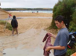 Soaked clothes as we leave Harlyn Bay - but fortunately the hostel is not far away