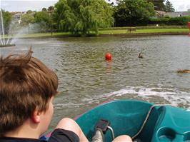 Ashley pedals hard on the Trenance boating lake at Newquay