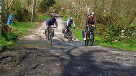 Riding a ford on the descent of Broadoak Hill, from Parracombe to Hunters Inn