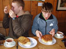 Ryan & Ash are stunned by the size of their teacakes at Boeveys Tea Rooms, Simonsbath