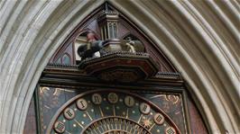 The famous clock inside Wells Cathedral marks the time of 2.30 by sending the jousters out to fight