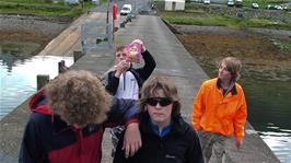 The group at Sconser Quay, with Ryan showing increasing concern about the caterpillar crawling up his trousers