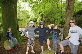 Connor, Callum F, Ash, Callum O'B and Jack by the River Avon near South Brent