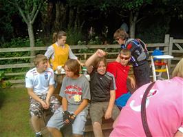 Callum F, Jack, Callum O'B, Jerry and Ash at the Rare Breeds Centre café, Totnes