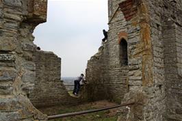 Will and Ash climb the ruined church on Burrow Mump