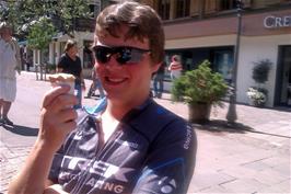 Ash enjoys his ice cream at the Early Beck Patisserie on Gstaad Promenade