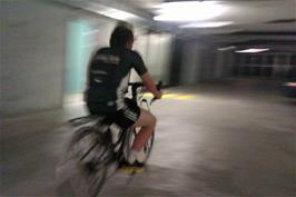 Ash has fun in the parking facility underneath Interlaken Youth Hostel