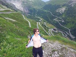 Ash at Grimsel Pass Overlook before we start the descent to Gletsch