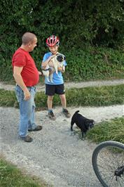 George meets a pair of pugs and their owner near Wells Bottom, New Court Down, on the track from Whitsbury to Odstock