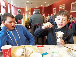 George enjoys his ice cream in the Morrisons cafe, Totnes - new photo for 2024