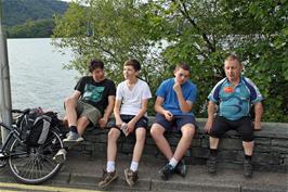 Lawrence, George, Dillan and John waiting for the Windermere ferry at Bowness, matching a photo from our 1991 tour